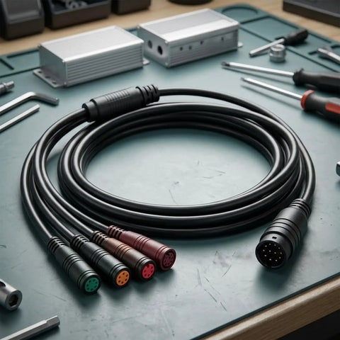 Kick Up Your E-Bike Game With This Super Long 1500mm Bolt On Extension Cable For KT Controllers. Seamless Hookup For Display Throttle And Brake Levers. Black Durable Build Ensures Smooth Riding Without Any Hiccups. Grab This Heavy Duty Upgrade Now To Fix. 1500mm black KT controller extension cable with multi-pin connectors on workbench