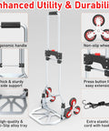 Rock Solid Stair Climbing Dolly Boasting Six Smooth Wheels And A Snappy Telescoping Handle Tough As Nails Aluminum Frame Hauls 220 Pounds No Sweat For Heavy Loading Or Grocery Run features ergonomic handle and sturdy wheels.