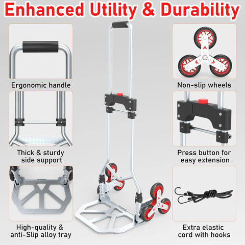 Rock Solid Stair Climbing Dolly Boasting Six Smooth Wheels And A Snappy Telescoping Handle Tough As Nails Aluminum Frame Hauls 220 Pounds No Sweat For Heavy Loading Or Grocery Run features ergonomic handle and sturdy wheels.