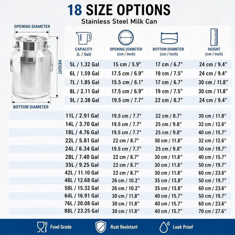 18 size options for Heavy Duty 304 Stainless Steel Milk Can And Water Jug With Secure Airtight Lid freestanding drink dispenser.