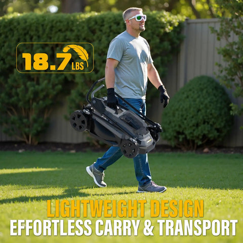 Cordless Lawn Mower Compatible With 20V Max Batteries Tool Only No Gas Easy Start Quiet Yard Work Lightweight And Maneuverable Requires 4.0Ah Or Higher Battery For Safe Peak Performance Fits 20V Max Battery Systems, 18.7 lbs, man carrying mower