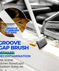 Groove gap brush removing stubborn stains on a kitchen stove, part of the Deep Cleaning Brush Set For Household Use With Scrub Brush Kitchen Brush Tile Grout Brush And Groove Gap Brushes Versatile Cleaning Tools For Bathroom Floor Tub Shower And Kitchen Surfaces Stiff Bristle Power For Tough Grime Green.