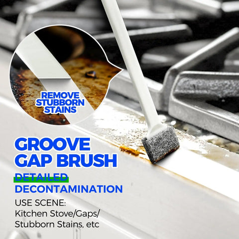 Groove gap brush removing stubborn stains on a kitchen stove, part of the Deep Cleaning Brush Set For Household Use With Scrub Brush Kitchen Brush Tile Grout Brush And Groove Gap Brushes Versatile Cleaning Tools For Bathroom Floor Tub Shower And Kitchen Surfaces Stiff Bristle Power For Tough Grime Green.