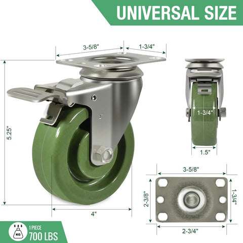 4x1.5 in stainless steel oven rack caster wheels, green polyurethane, side view with brakes; set of four.