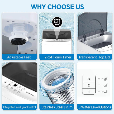 Detailed features of Compact Portable Washing Machine With Full Automatic 1.06 Cubic Feet Capacity And 10 Wash Cycles, stainless steel drum and adjustable feet.