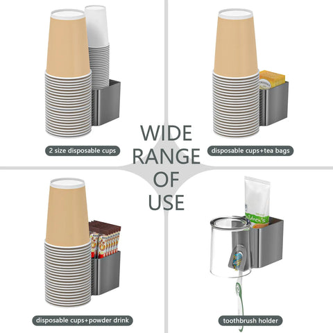Two Seat Cup Dispenser Wall Mount For Two To Sixteen Ounce Paper And Plastic Cups Adhesive Cup Holder For Water Coolers Coffee Stations Offices And Bathrooms Dark Gray Finish showing various uses with cups, tea bags, and toothbrushes.