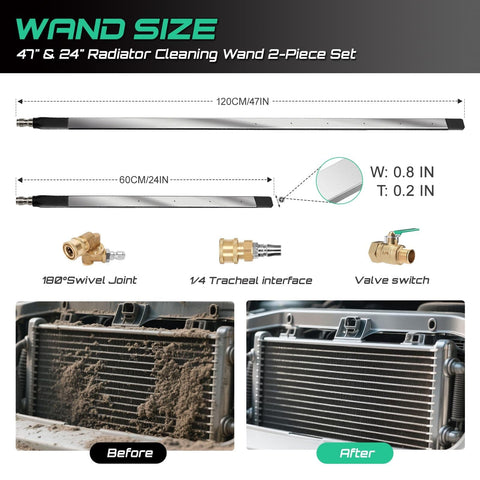 Image of Dual Size Radiator Cleaning Wand Set 47 Inch And 24 Inch Stainless Steel 4500 PSI Radiator Cleaner with adapter and tips.
