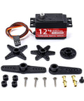 Readytosky 12kg waterproof servo with 180° metal gear; kit includes servo horns, long arms, mounting disk, screws, and spacers.