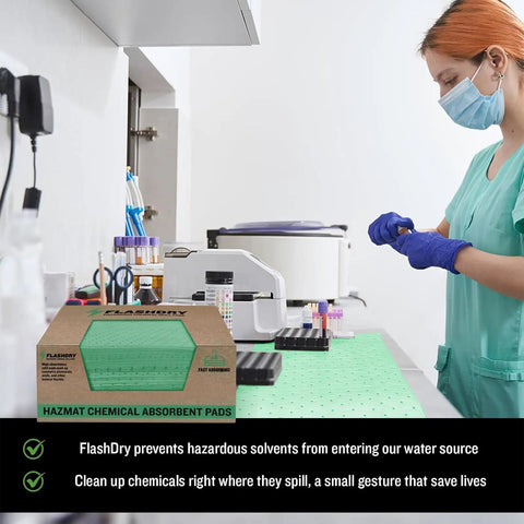 Chemical Spill Absorbent Pads 100 Count 17.5 By 13.5 Inches Heavy Duty Acid And Base Resistant displayed in lab setting.
