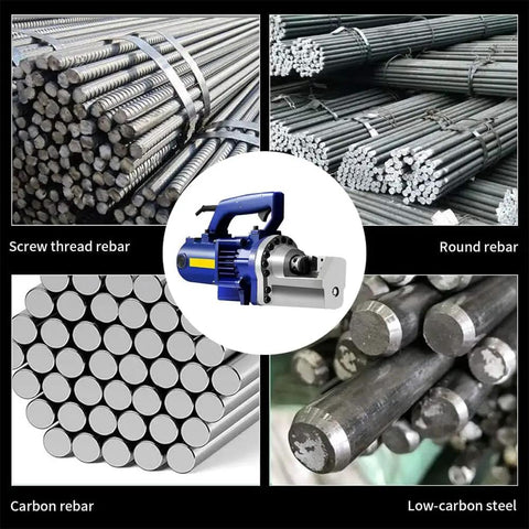 Heavy Duty 1350W Hydraulic Rebar Cutter For 4-22mm Steel Bars cutting through screw thread and round rebar, showcasing various steel types.