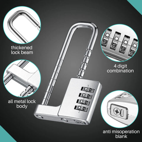 2 Pack 4 Digit Combination Cabinet Lock U Shaped Padlock with adjustable width and 0.6 inch shackle in silver metal