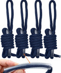Rugged Four Pack Boat Fender Dock Lines Three Eighths Inch By Six Foot Nylon Double Braided With Adjustable Anti Chafe Sleeve And Six Inch Eyelet For Fenders Pontoon PWC Navy Blue, showing navy blue ropes with anti-chafe sleeve.