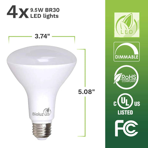 4 Pack BR30 LED Bulbs Indoor Flood Lights 90+ CRI 850 Lumens showing dimensions and certification logos