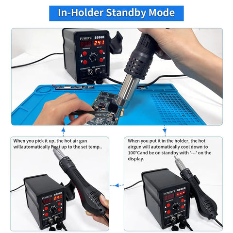 Hands using Do It All 2 In 1 Soldering And Hot Air Rework Station Kit With Lead Free Solder Wire, showing digital display in standby mode.