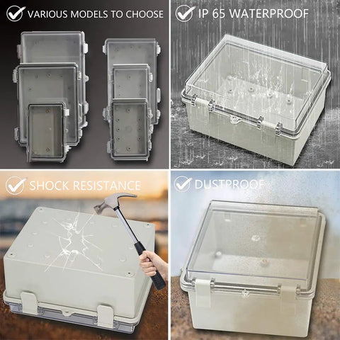 Collage of rugged outdoor IP65 weatherproof electrical junction box, hinged clear cover, ABS plastic enclosure with cable glands, dustproof waterproof