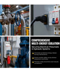 Hard Hat Approved 50 Piece Lockout Tagout Kit Featuring OSHA Compliant Safety Padlocks Heavy Duty Circuit Breaker Locks Valve Latches And Bold LOTO Tags For Straight Up Industrial Job Site Safety with pipes and electrical controls.