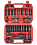 Seventy Piece Three Eighth Inch Drive Heavy Duty Impact Socket Set With Deep Sockets In SAE Five Sixteenths To Three Quarters And Metric Eight To Twenty Two Millimeter Includes Adapters Ratchet Handle Screwdriver Bit Set And Sliding T Bar Six Point in open red case showing sockets and tools.