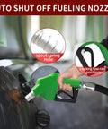 Auto shut-off nozzle feature of 1 Inch Fuel Hose Reel With 50 Ft Retractable Ratchet Spring Drive at fuel tank, close-up view