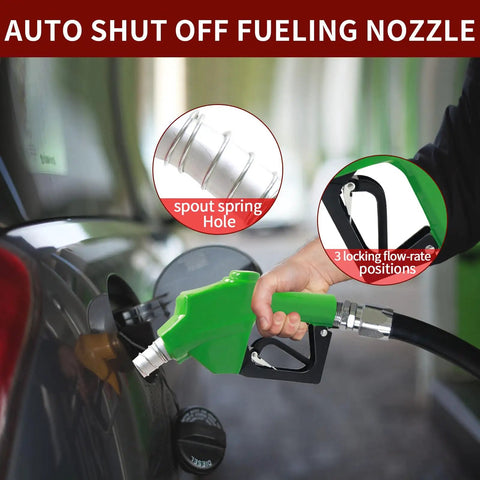 Auto shut-off nozzle feature of 1 Inch Fuel Hose Reel With 50 Ft Retractable Ratchet Spring Drive at fuel tank, close-up view