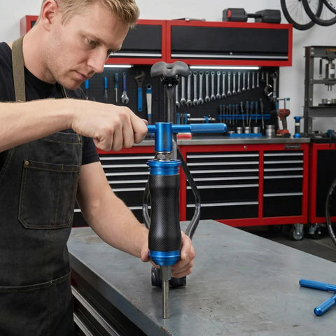 Mechanic using Pro Grade Bicycle Bottom Bracket Installation Tool Set For Press In BB Axle And Headset with aluminum alloy parts