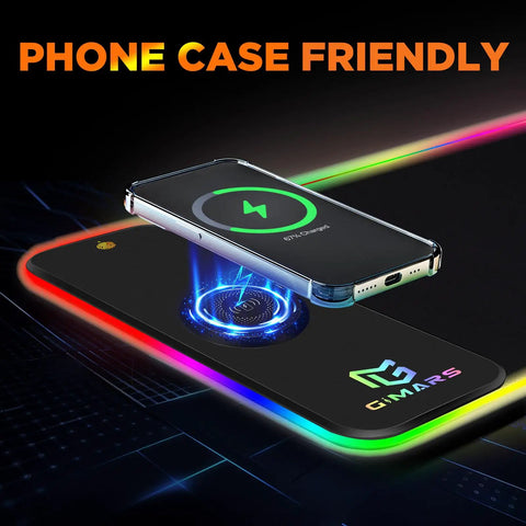 RGB Gaming Mouse Pad With 15W Wireless Charging Hella Large Non Slip Desk Pad with phone charging, LED lights visible