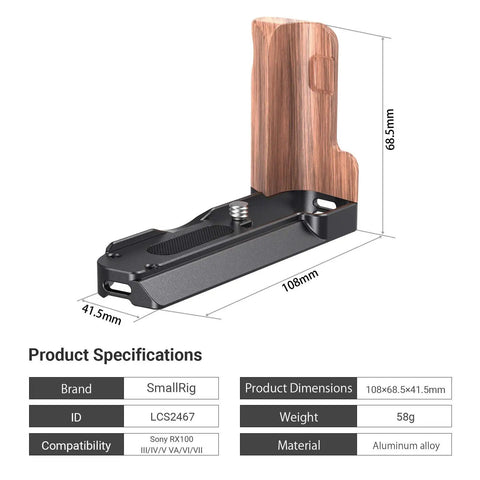L Shape Bracket With Wooden Grip For Sony RX100 III IV V VA VI VII Cameras Vlog Ready Handheld Rig side view with specifications