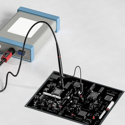 High Voltage Oscilloscope Probe P4100 Pro Grade Kit with probe connected to electronic circuit board for precise testing