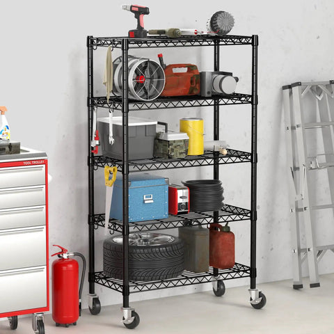 Heavy Duty 5 Tier Wire Shelving Unit With Beefy Rolling Casters Adjustable Black Metal Storage Rack NSF Certified 1900 Lbs Capacity 36 By 14 By 72 Inches Hella Sturdy Storage Setup For Garage Or Kitchen