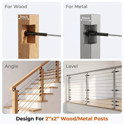 Kickass 20 Piece Hella Durable 1/8 Inch Black T316 Stainless Steel Invisible Cable Railing Kit with tight hidden brackets for 2x2 posts.