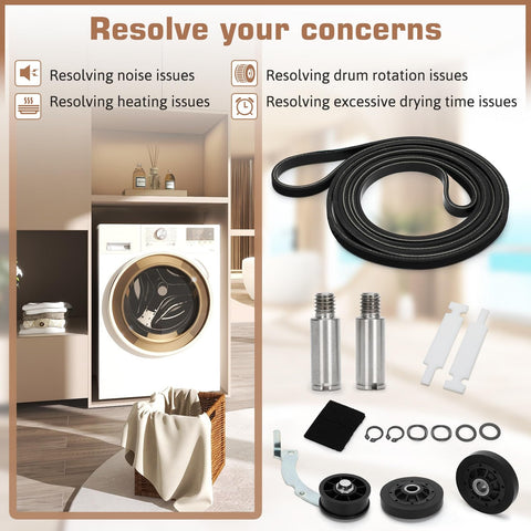 Ultimate Dryer Repair Kit For 1992 And Newer SM Series Dryers with roller kit, belt, idler pulley, and drum glide kit.