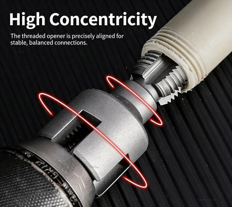 Close-up of 4 In 1 Electric Drill Compatible Pipe Threading Tool Kit creating threads on PVC fittings for plumbing.