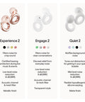 Comparison of Experience 2, Engage 2, and Quiet 2 ear plugs with focus on Experience 2 Ear Plugs For Concerts And Festivals, High Fidelity 17dB Noise Reduction.