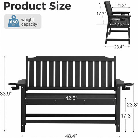 Tough As Nails Two Seater Outdoor Bench With Cup Holder Crafted From Premium Fade Resistant Hdpe For Patios Yards And Decks Handles Up To 660 Pounds Easy Clean All Weather Hangout Spot In Black size dimensions showing weight capacity and measurements.