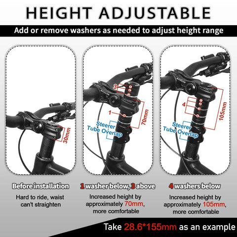 Diagram showing Beefy 100mm Bike Stem Riser Extender For 1 1/8 Inch Forks 28.6mm Aluminum Handlebar Adapter height adjustment process