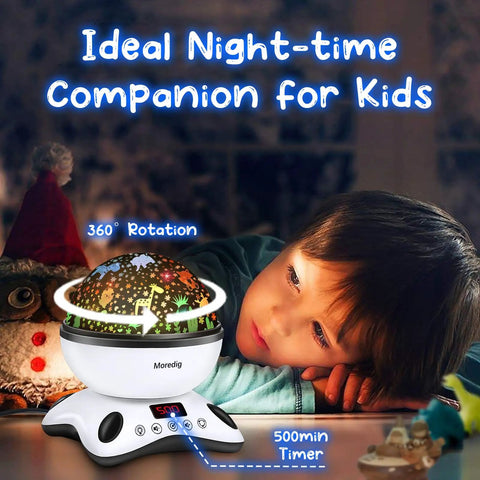 Child next to Awesome Kids Night Light Projector With Remote For Baby Room, with starry projections, adjustable timer, and controls.
