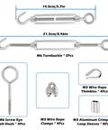 Heavy Duty 1/8 Stainless Steel Cable Kit, 50 Ft Aircraft Wire Rope 7x7 With M6 Turnbuckles, M6 Eye Bolt Hook, M3 Thimbles
