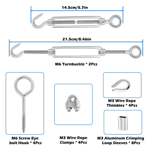 Heavy Duty 1/8 Stainless Steel Cable Kit, 50 Ft Aircraft Wire Rope 7x7 With M6 Turnbuckles, M6 Eye Bolt Hook, M3 Thimbles