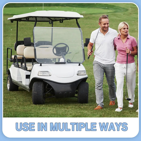 Couple walking near a white golf cart with tan seats, showcasing versatility for leisure activities outdoors.
