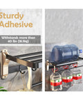 24 Inch Towel Rack Wall Mounted Adhesive No Drill Towel Storage Shelf with 5 Hooks, holding heavy bottles, Matte Black Gold Finish
