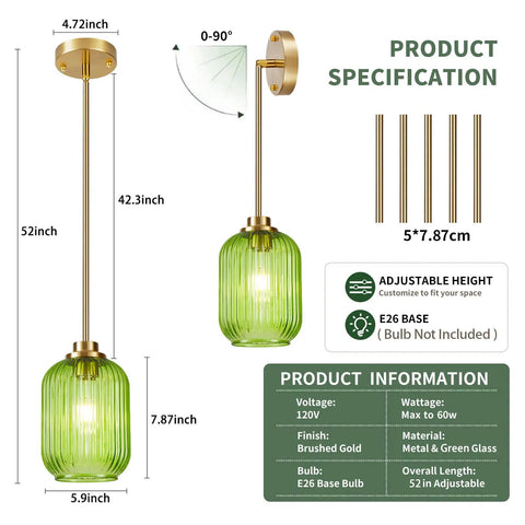 Farmhouse Island Lights for Kitchen, Kitchen Pendant Lighting over Island with green hand-blown glass and adjustable height.
