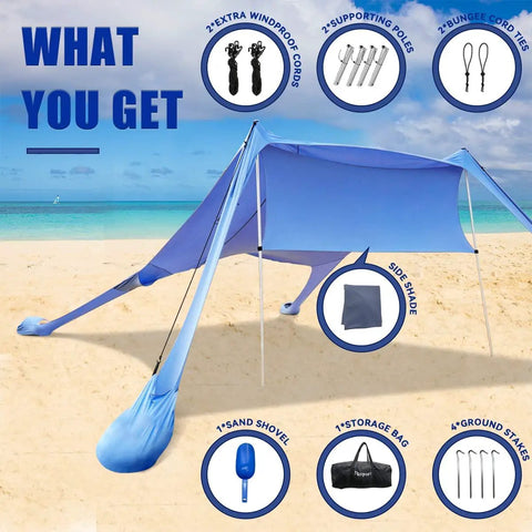Portable Beach Shade Tent Sun Shelter UPF50 Canopy With Sandbags set up on sandy beach, includes accessories shown.