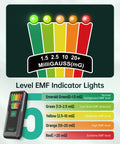 Handheld EMF Meter For Ghost Hunting And Home Use With 5 Level LED Alerts Detects EMF From Home Appliances WiFi Routers Power Lines And Industrial Machines 30Hz To 20kHz Range 0 To 20 mG Plus Or Minus 5 Percent Accuracy Compact Pocket Size showing color EMF levels
