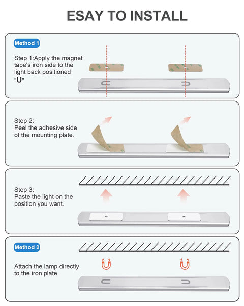 Installation methods for Motion Sensor Under Cabinet LED Light Strip With 90 LEDs, showing adhesive and magnetic mounting options.