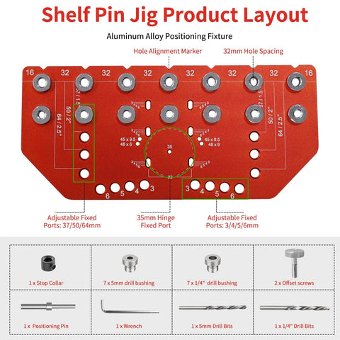2 In 1 Shelf Pin And Hinge Jig For DIY Cabinets And Home Projects, aluminum layout with hole alignment and sizes labeled