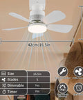Remote Pairing Required, Socket Light Ceiling Fan With Light No Fuss Setup installed in small room, showing dimensions and features.