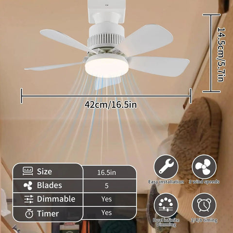 Remote Pairing Required, Socket Light Ceiling Fan With Light No Fuss Setup installed in small room, showing dimensions and features.