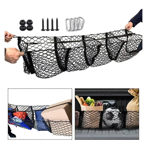 Heavy Duty 3 Compartment Truck Bed Cargo Net Mesh Storage Organizer For Tesla Cybertruck; 110 x 30cm size in action with cargo.