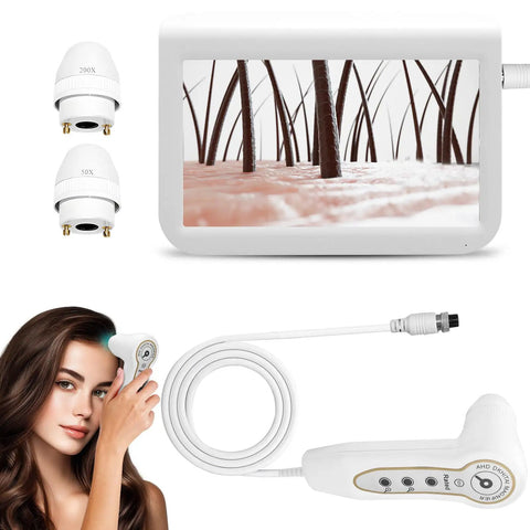 10.2 Inch Skin And Hair Analyzer Pro Grade Gear With LCD Screen Digital Skin Detector showing scalp analysis and lens attachments.