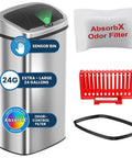 Extra Large 91L Hands Free Touchless Sensor Trash Can With AbsorbX Odor Filter, stainless steel design, shown with filter