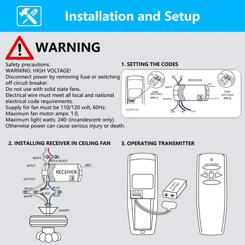 Installation steps for Ceiling Fan Remote Control Kit With Receiver And 3 Speed Light Dimmer For Most 110V Ceiling Fans